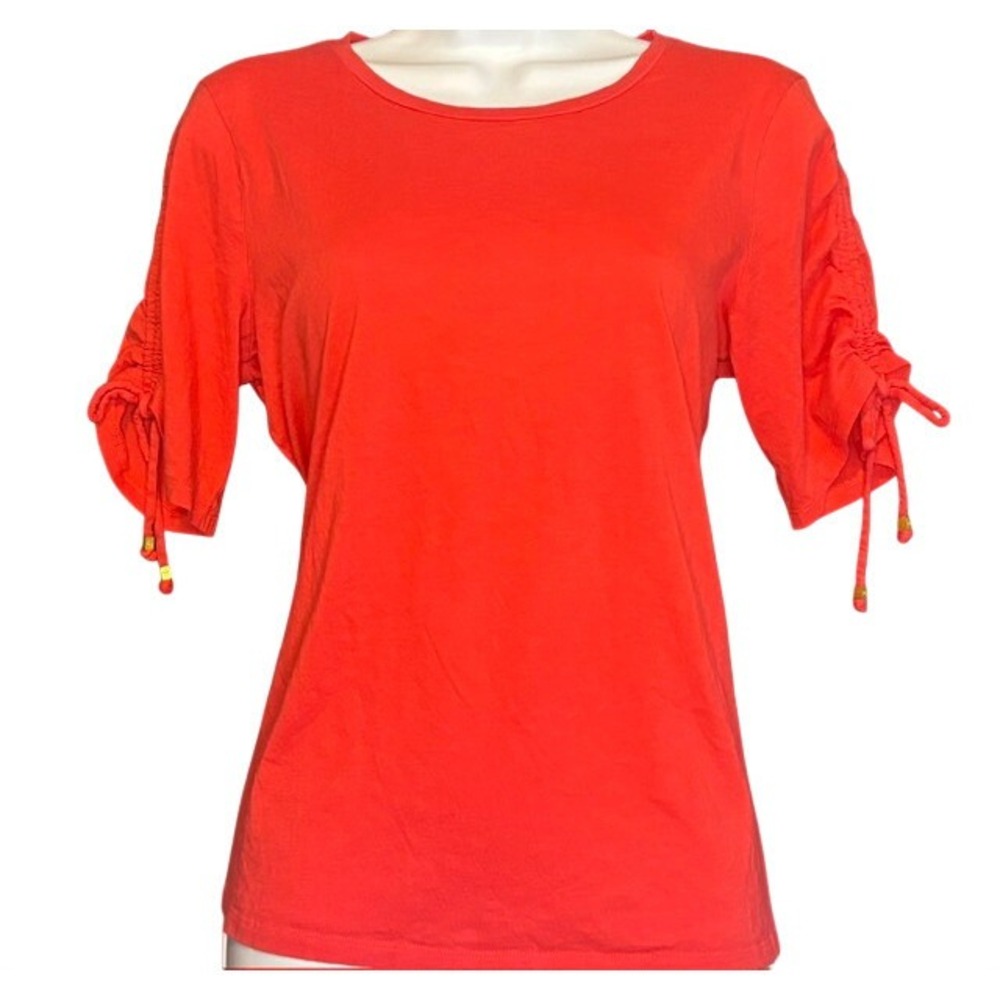 Michael Kors Womens Large Coral Orange Cinched Tie Sleeve Top Gold Hardware L